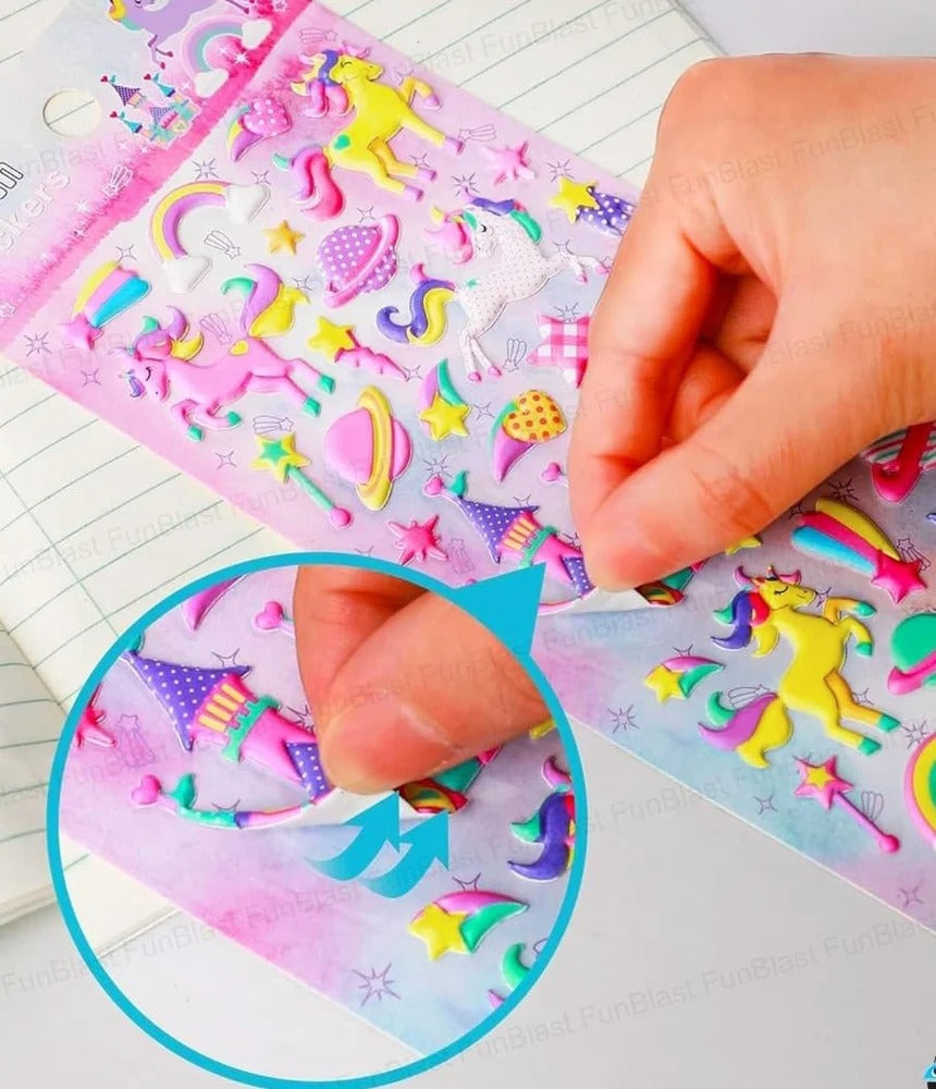 Colorful 3D stickers featuring unicorns, stars, and planets, perfect for ages 3+, craft projects and decorating