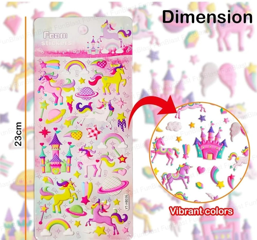 Vibrant foam 3D stickers featuring unicorns, castles, and rainbows for kids aged 3 and up