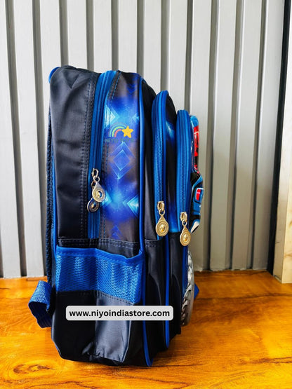 Side view of a NIYO TOYS 3D superhero school backpack featuring vibrant colors and storage compartments