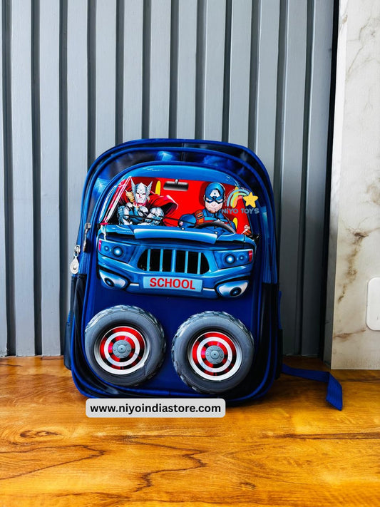 NIYO TOYS 3D superhero school backpack with wheels and vibrant comic graphics for kids
