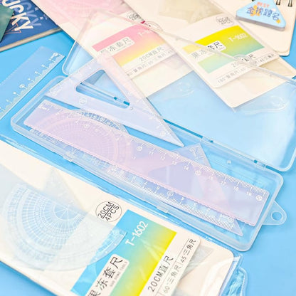 Transparent 4 in 1 protractor and ruler set for school use, suitable for ages 6 and up