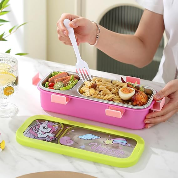 Kids Stainless Steel 3-Compartment Sleek Lunch Box with Cutlery