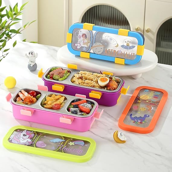 Kids Stainless Steel 3-Compartment Sleek Lunch Box with Cutlery