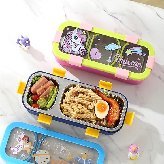 Kids Stainless Steel 3-Compartment Sleek Lunch Box with Cutlery
