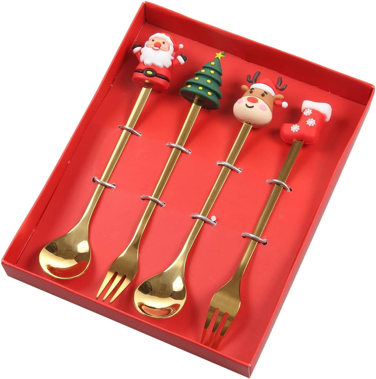 Top rated flatware set with Christmas-themed handles, includes Santa, tree, reindeer, and stocking designs