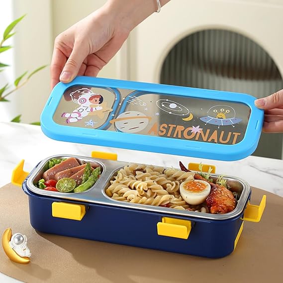 Kids Stainless Steel 3-Compartment Sleek Lunch Box with Cutlery