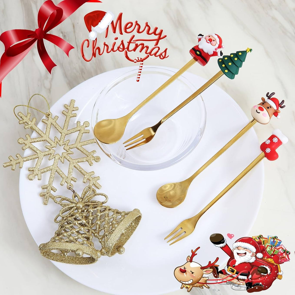 Top rated flatware set in gold with festive holiday designs for Christmas celebrations