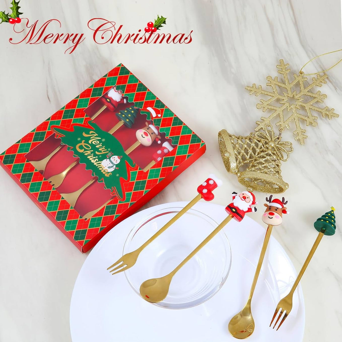 Top rated flatware set featuring festive Christmas-themed gold utensils for holiday celebrations