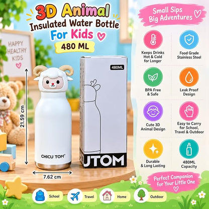 Kawaii Animal Insulated Water Bottle – 480ml | Cute Kids School Sipper