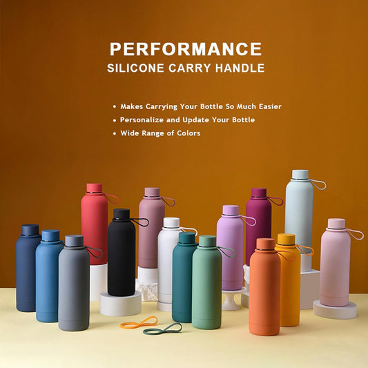 Colorful 750ml portable water bottle collection with silicone carry handle for easy transport