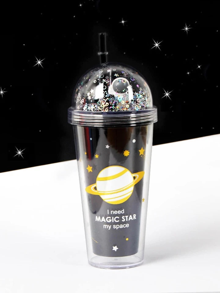 Cute Cartoon Creative Space Planet Design Straw Cups Water Bottle Tumbler Flask - 450ml NIYO TOYS