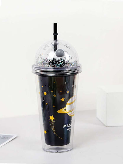 Cute Cartoon Creative Space Planet Design Straw Cups Water Bottle Tumbler Flask - 450ml NIYO TOYS