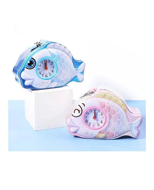 Fish Alarm Clock - Table Alarm Clock with Piggy Bank/Coin Box/Metal Coin Bank for Kids/Money Bank with Key and Lock/Money Saving Tin Coin Bank/Birthday Return Gift NIYO TOYS