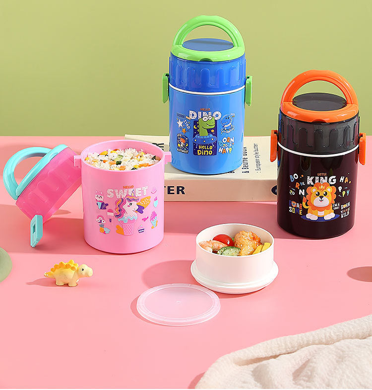 Kids Plastic Double Layer Lunch Box with Handle – Cute Cartoon Design (plastic)