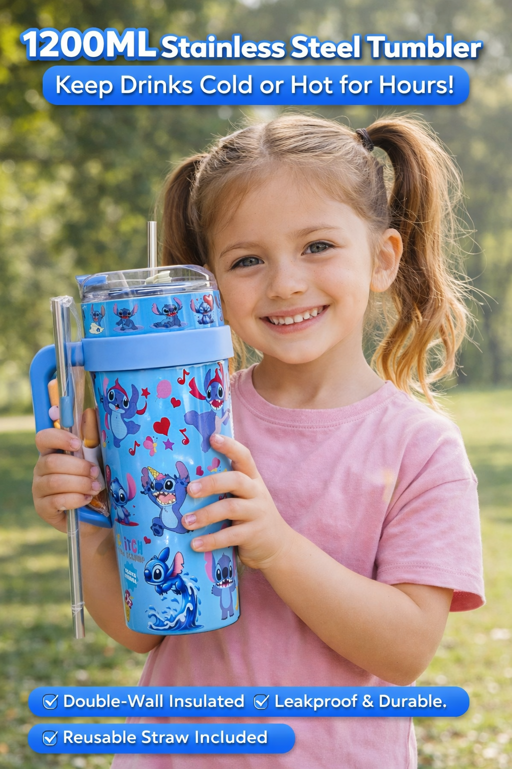 Blue 1200ML stainless steel tumbler featuring a playful design, ideal for kids, perfect for hot or cold drinks