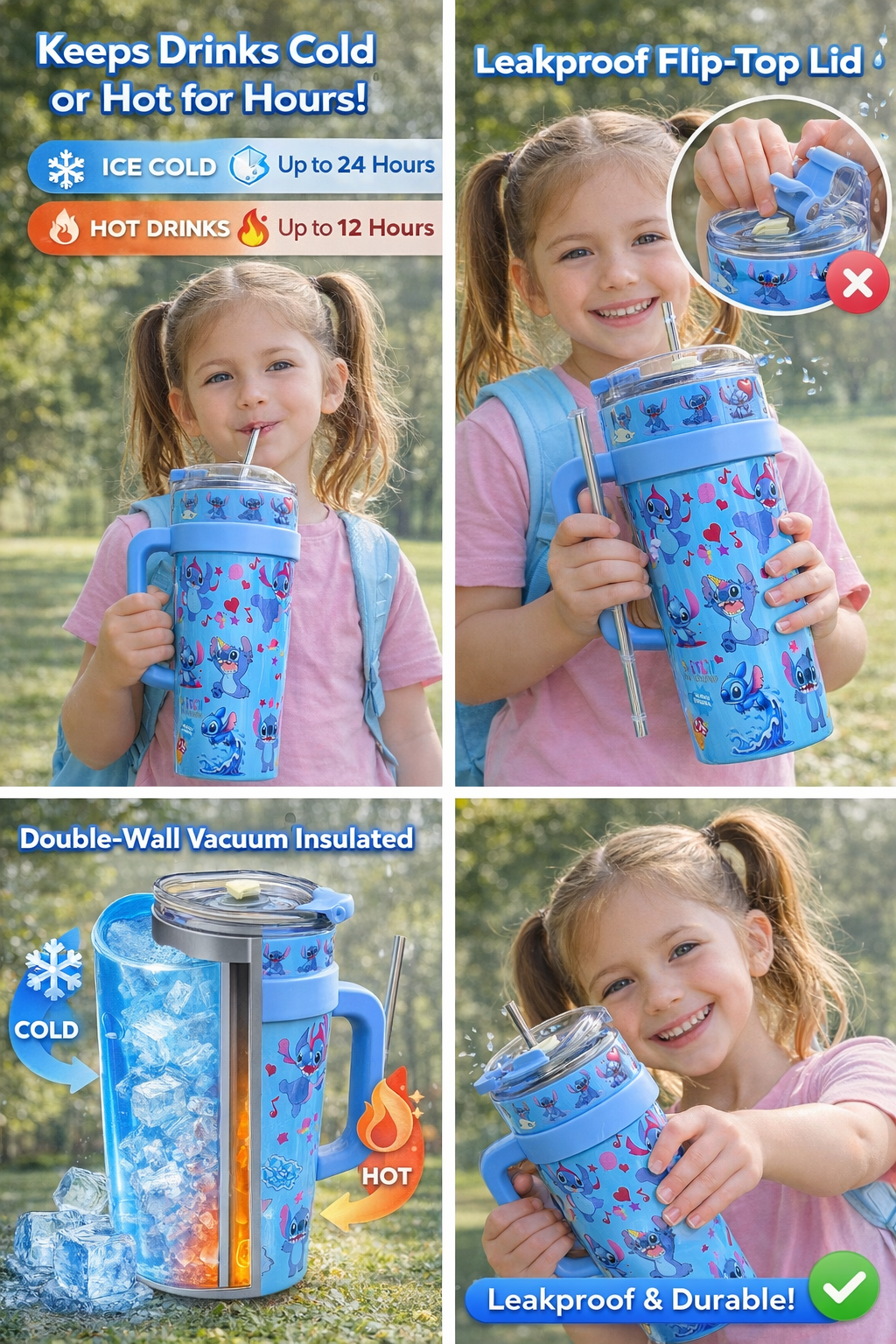 Blue NIYO TOYS stainless steel tumbler with leakproof flip-top lid, ideal for ages 3+, keeps drinks cold or hot.