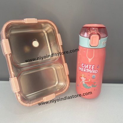 Leak-Proof 2-Compartment 800ml Lunch Box and Portable Insulated Stainless Steel Water Bottle 500ml Combo" NIYO TOYS