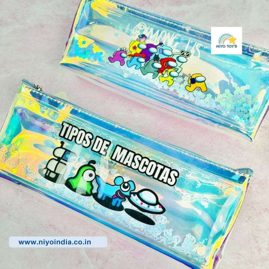 New Stylish Among us Printed Holographic Water Glitter Pencil Pouch For Kids ( Random Colour ) NIYO TOYS