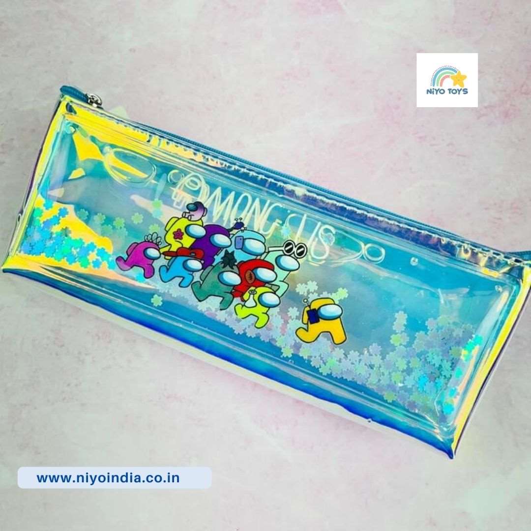 New Stylish Among us Printed Holographic Water Glitter Pencil Pouch For Kids ( Random Colour ) NIYO TOYS