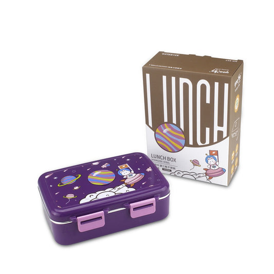 a purple lunch box sitting next to a box of lunch