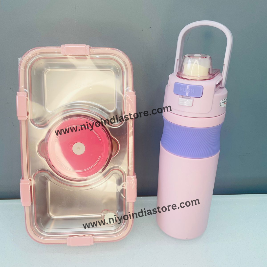 Pink Stainless Steel Lunch Box (750ml) and 304 Stainless Steel Bottle (600ml) Combo NIYO TOYS