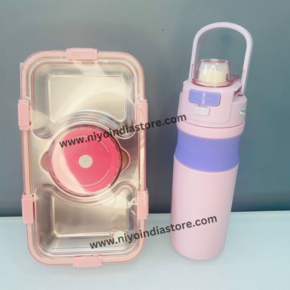 Pink Stainless Steel Lunch Box (750ml) and 304 Stainless Steel Bottle (600ml) Combo NIYO TOYS