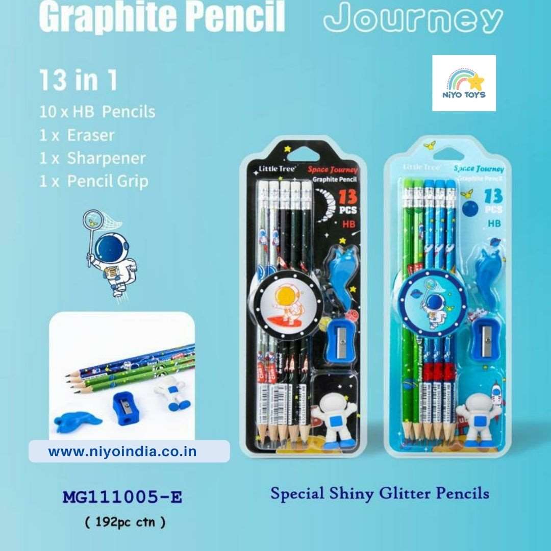 Space Theme Pencil Set with Sharpener, Eraser & Pencil Cap NIYO TOYS