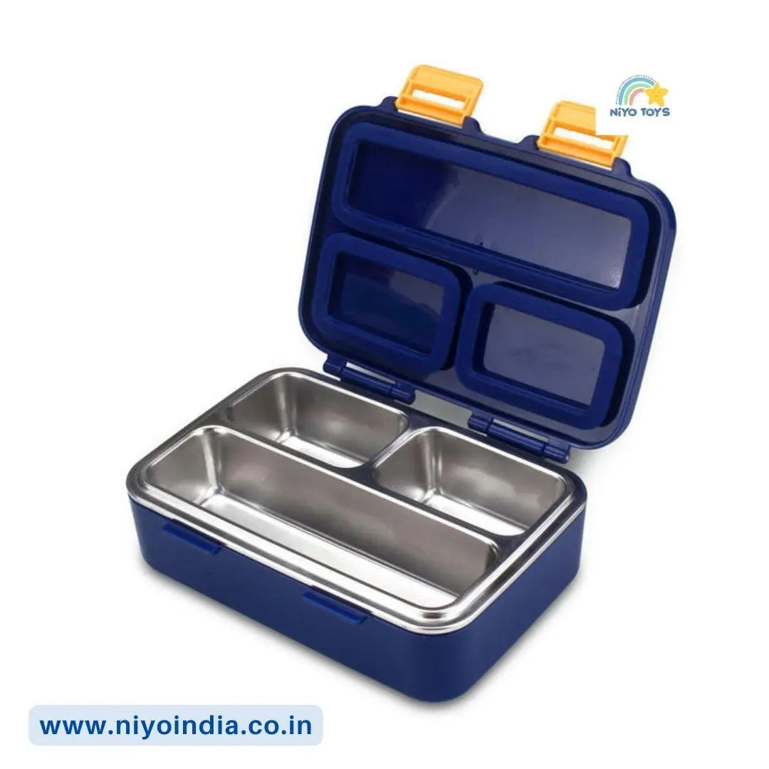 a blue and yellow lunch box with two compartments