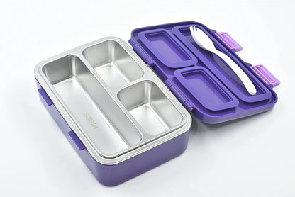 a purple and white lunch box with a spoon and fork