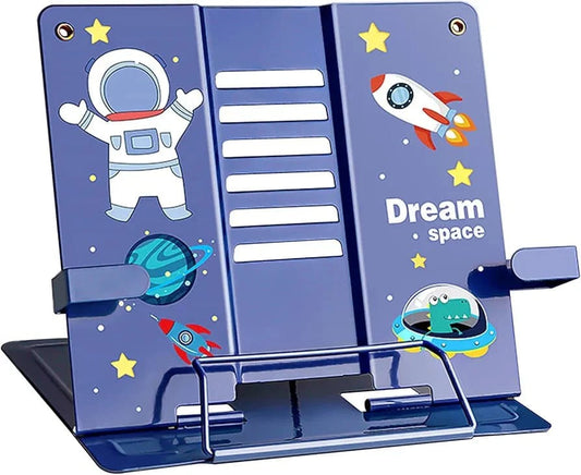 Niyo Toys adjustable book holder for studying, blue with space-themed graphics for kids