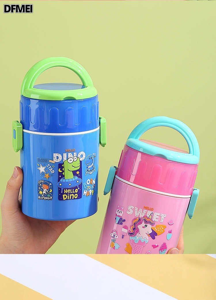 Kids Plastic Double Layer Lunch Box with Handle – Cute Cartoon Design (plastic)