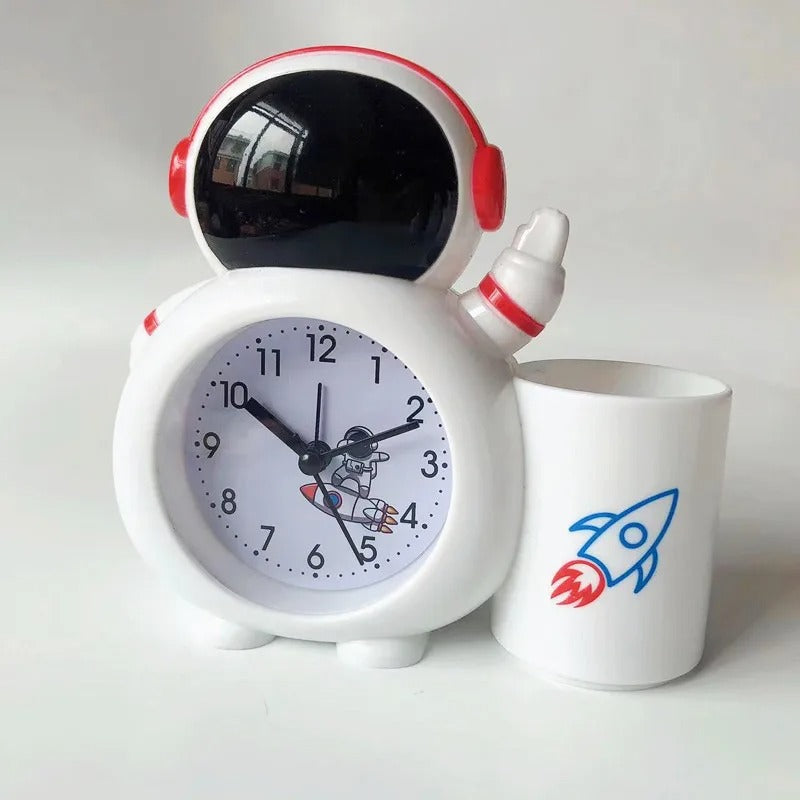 NIYO TOYS astronaut clock in white and red, alarm for clock, designed for kids age 3+, playful and functional
