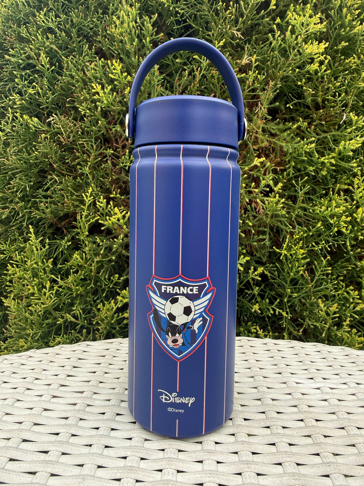 Blue alowo water bottle with France soccer design, ideal for kids aged 3 and up, perfect for sports activities