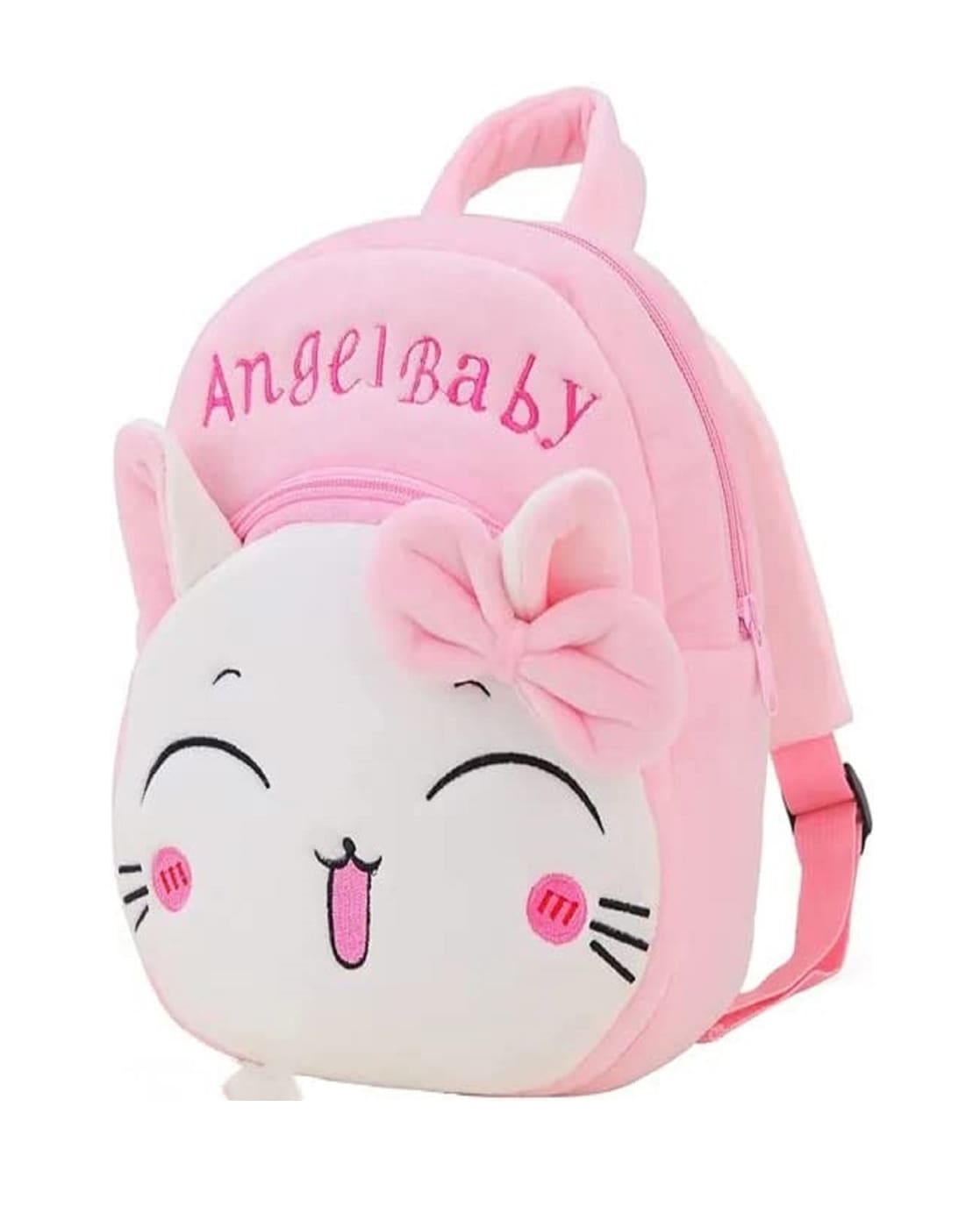 Pink cat face kids backpack with bow, perfect for ages 3 and up, great for school or play