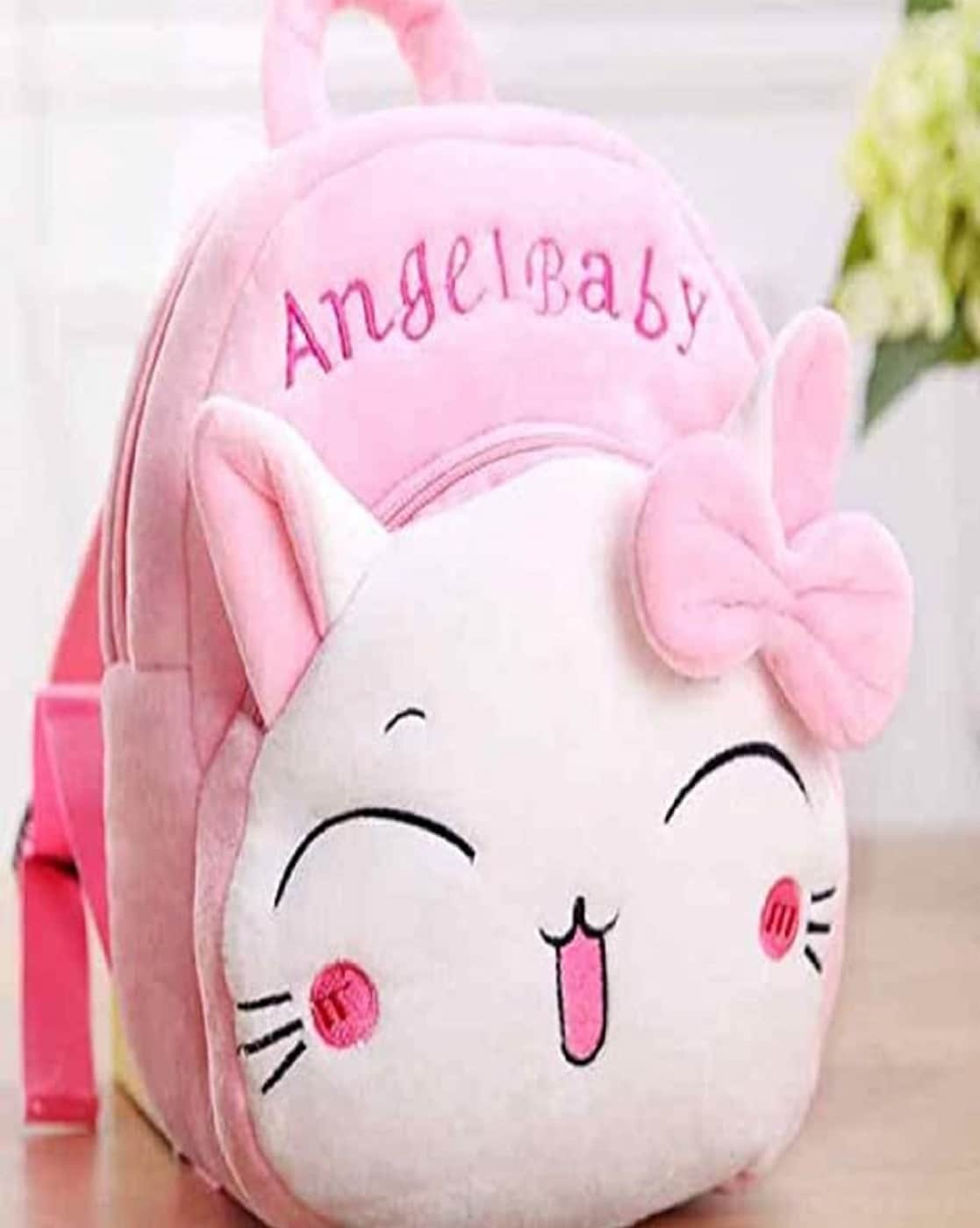 Cute pink cat kids backpack with a smiley face and bow, perfect for ages 3 and up