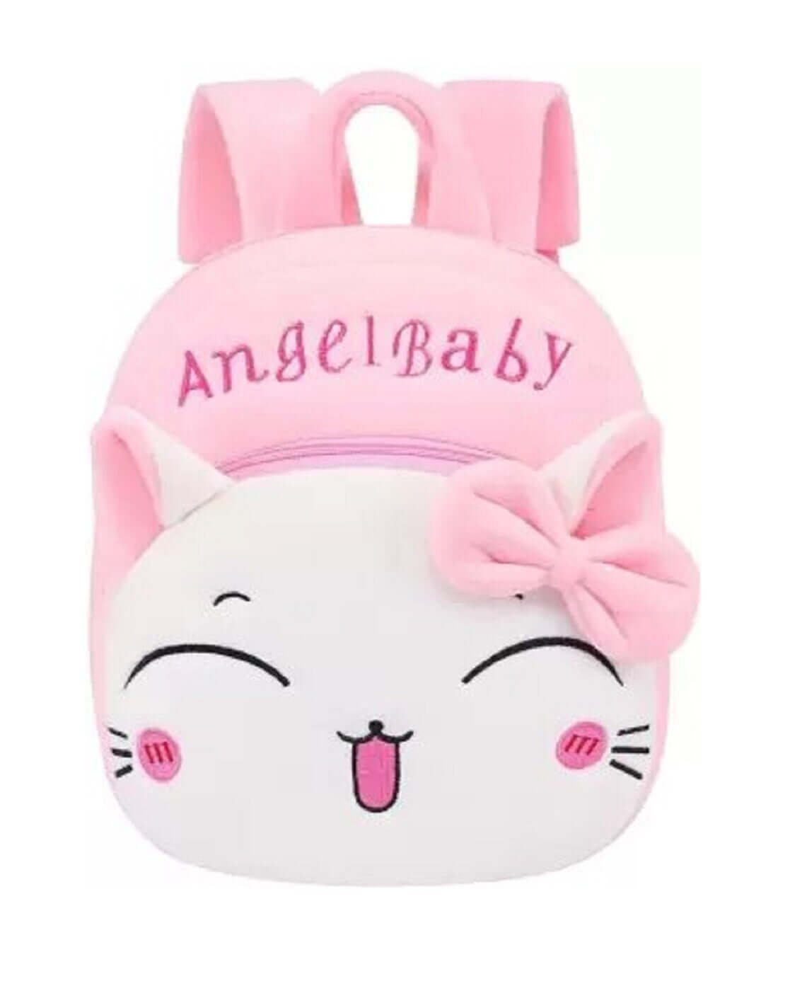 Cute pink kids backpack with cat face design and bow, perfect for ages 3 and up