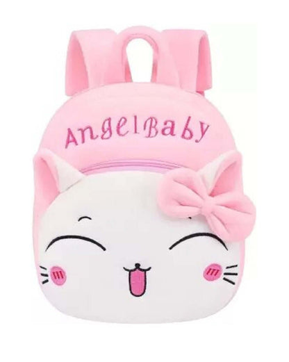 Cute pink kids backpack with cat face design and bow, perfect for ages 3 and up