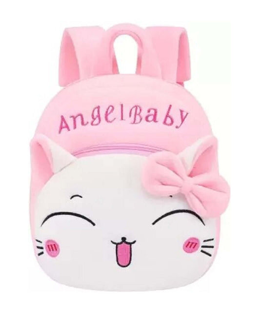 Cute pink kids backpack with cat face design and bow, perfect for ages 3 and up