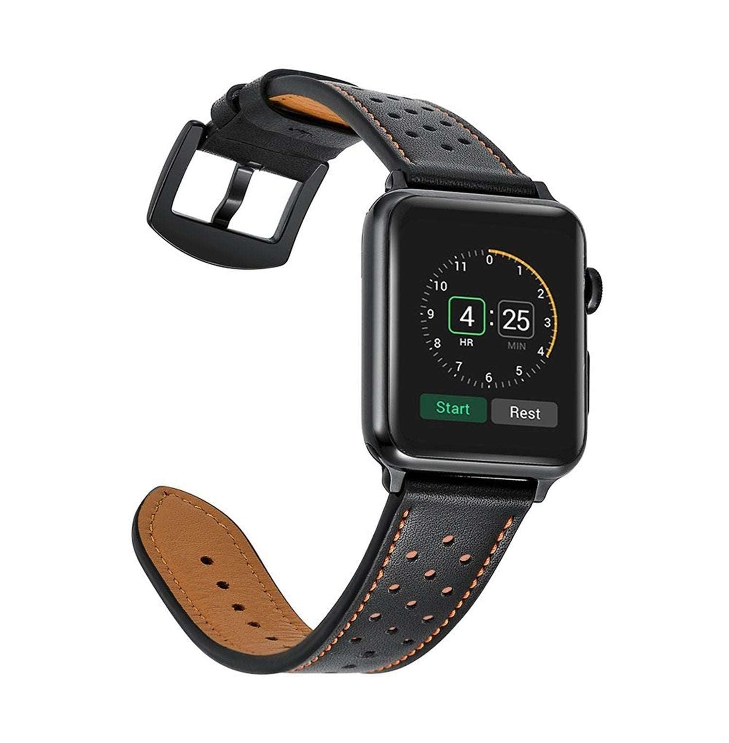 Black leather strap for apple watch with perforated design, suitable for all ages and styles