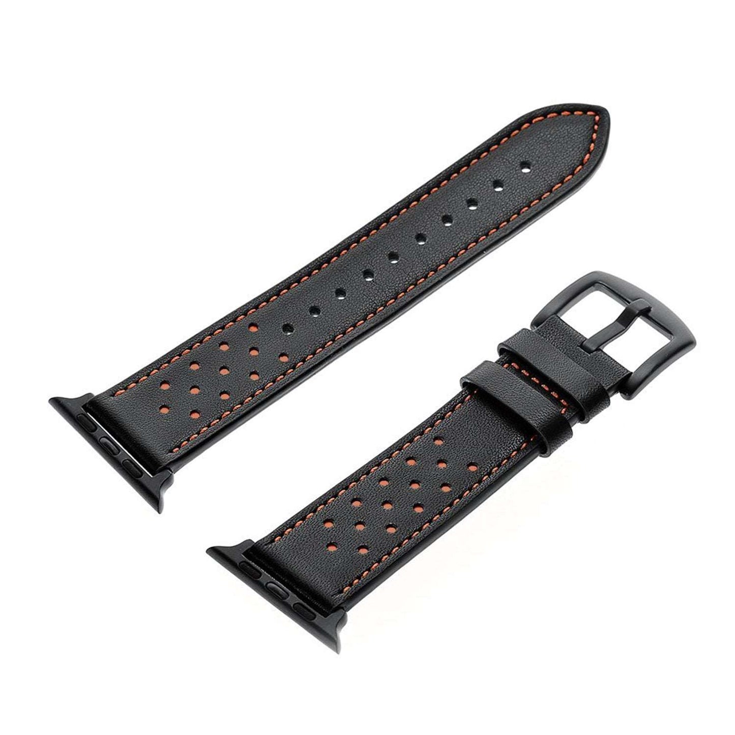 Black perforated strap for apple watch with orange stitching, suitable for adults and sporty use