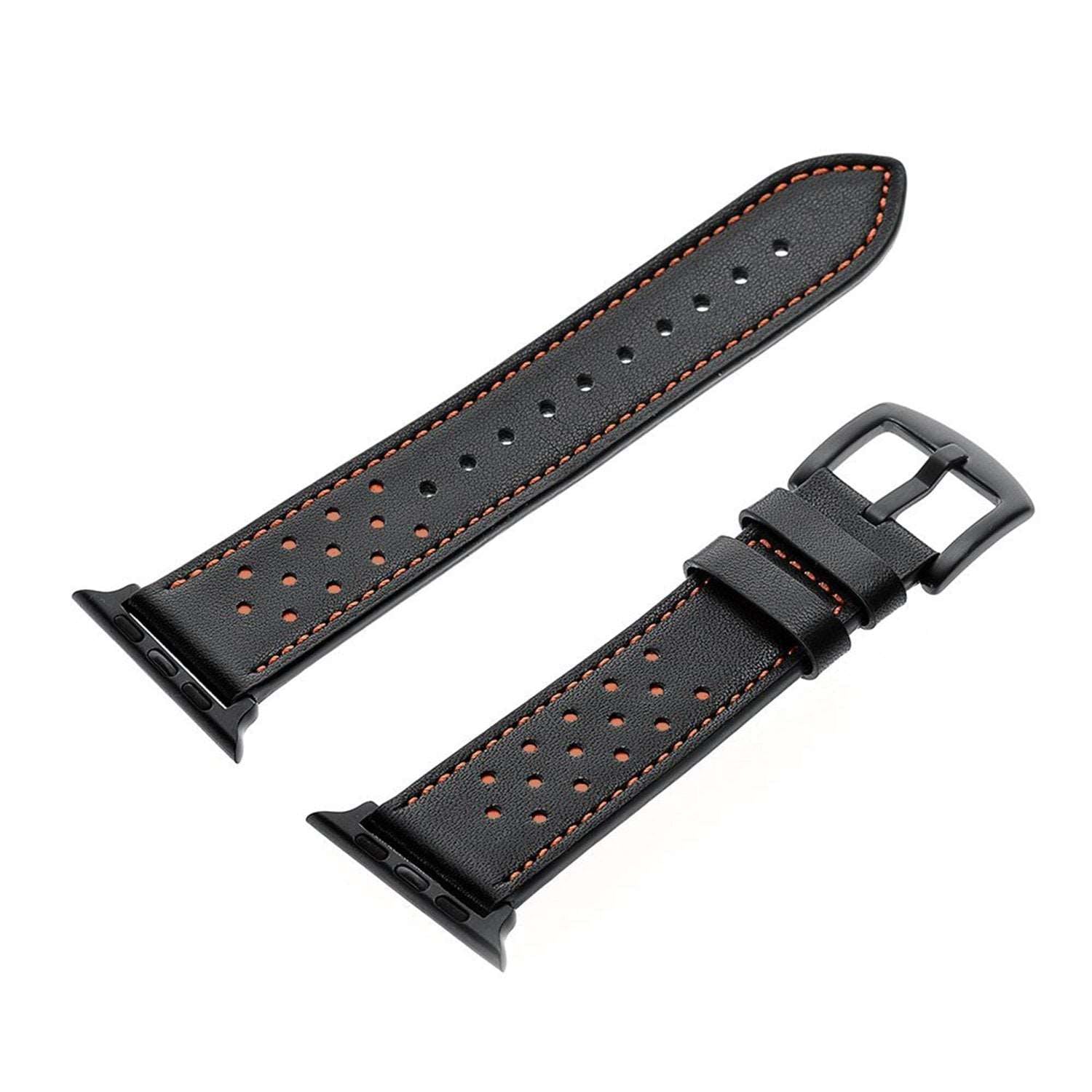 Black perforated strap for apple watch with orange stitching, suitable for adults and sporty use