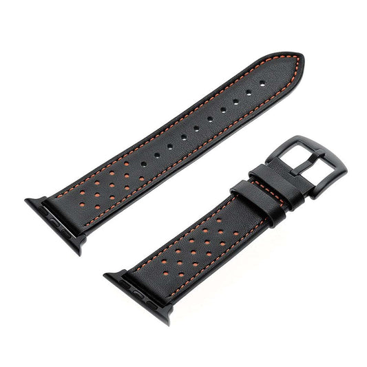 Black perforated strap for apple watch with orange stitching, suitable for adults and sporty use