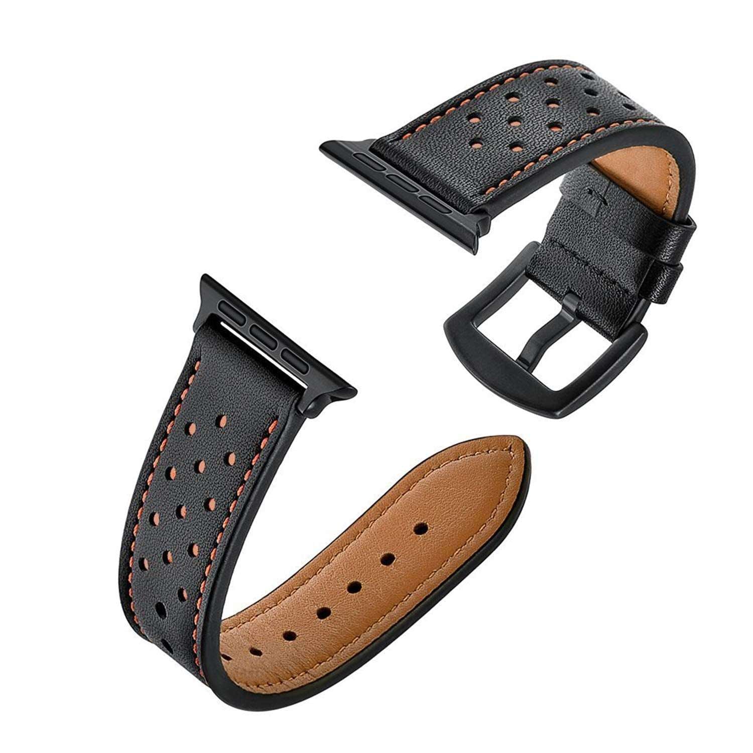 Black perforated strap for apple watch, suitable for ages 12+, perfect for sporty activities