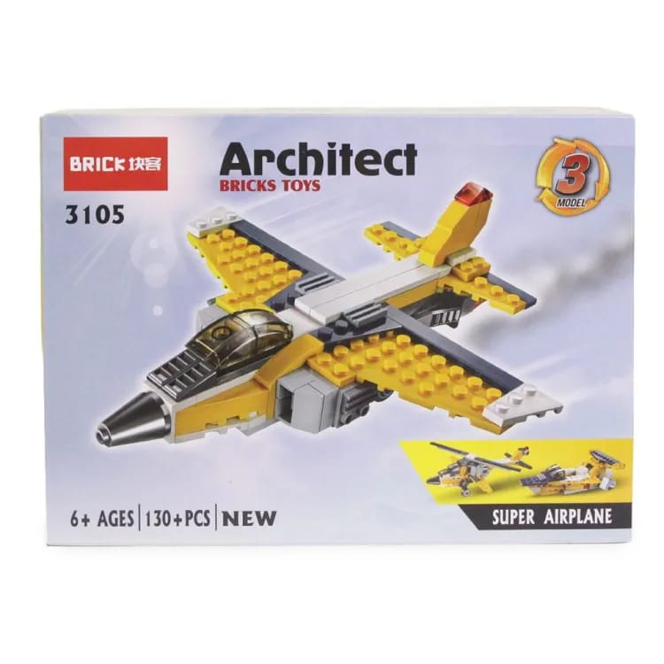 Yellow model building kit of a super airplane for ages 6 and up, with 130 plus pieces for creative play