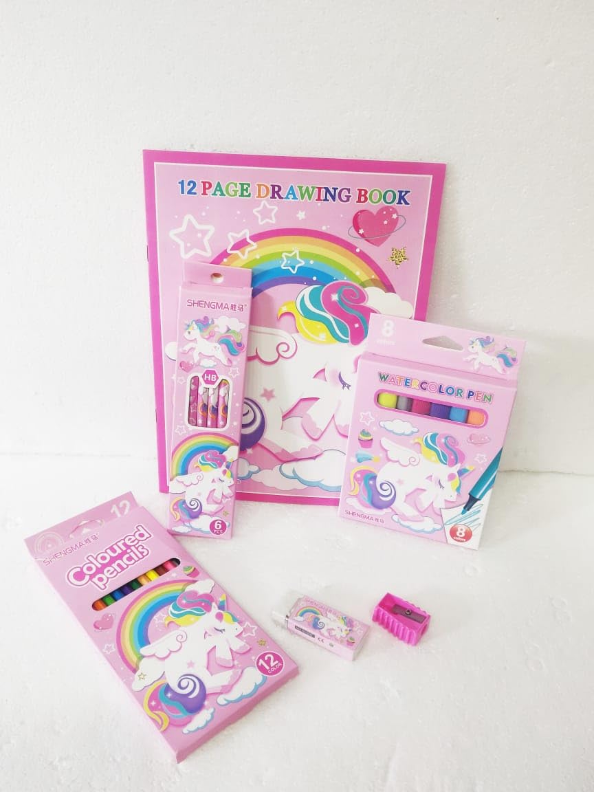 Colorful art hub for kids with drawing book, colored pencils, and watercolor pens for creative fun