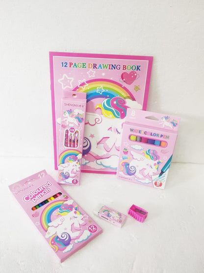 Colorful art hub for kids with drawing book, colored pencils, and watercolor pens for creative fun