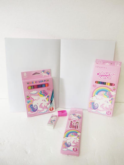 Art hub for kids featuring colorful pencils and drawing paper for creative projects, aged 3 and up