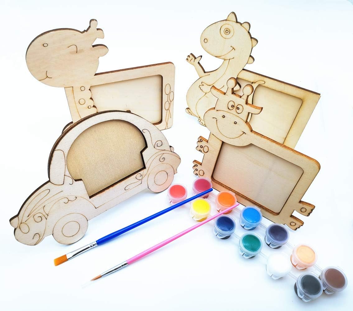 Wooden DIY photo frames for kids featuring a dinosaur and car, ages 4+, perfect for arts and crafts for kids