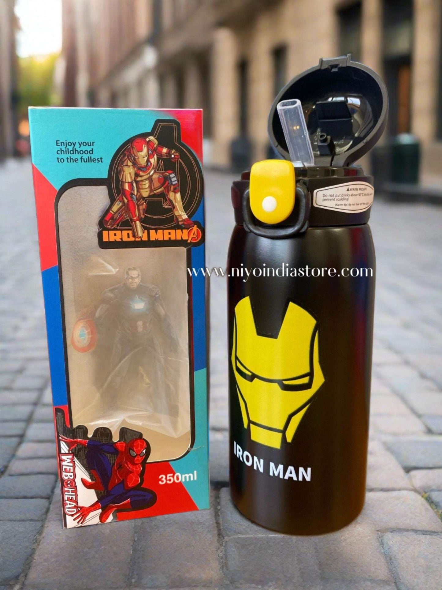Avenger water bottle for kids featuring Iron Man design with a straw and 350ml capacity