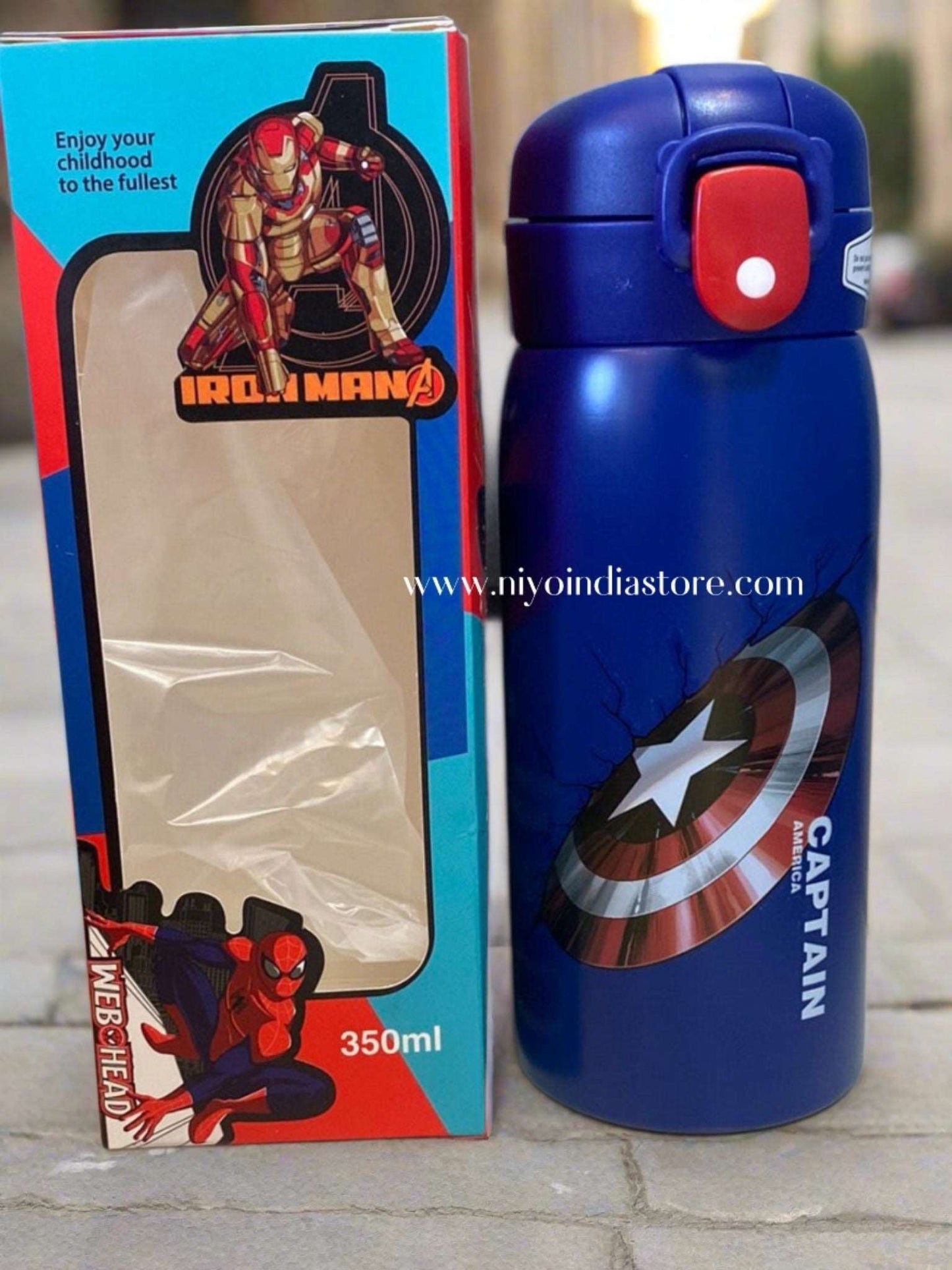 NIYO TOYS Avenger water bottle for kids in blue with Iron Man and Captain America designs
